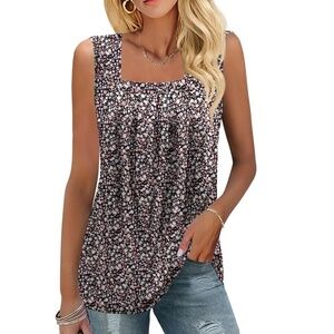 Smocked Casual Summer Square Neck Sleeveless Floral Blouse